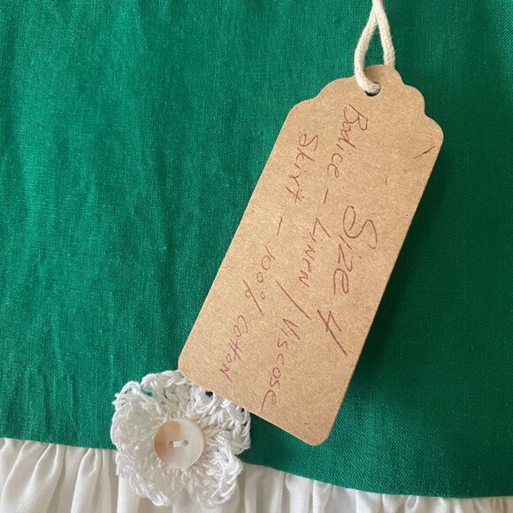 Handmade Children's Green White Linen Viscose Cotton Crochet Flower Dress - Picture 4 of 14